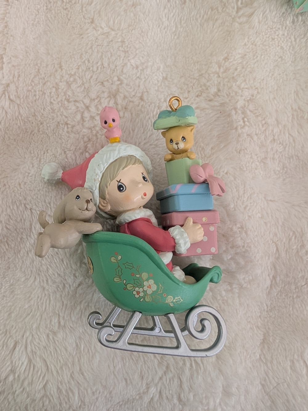 Precious Moments Pink, Green & Blue Child in Holiday Sleigh Ornament